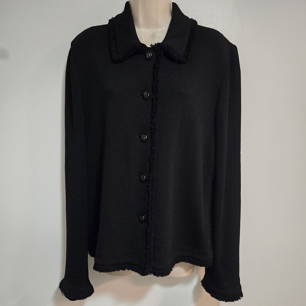 St John Size 14 Deep Black Knit Button Jacket Fringe Detail Classic Money